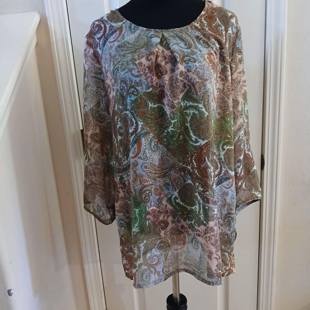 Wrangler Sheer 3/4 Sleeve Paisley Print Western Blouse L Boho Festival Cowgirl
